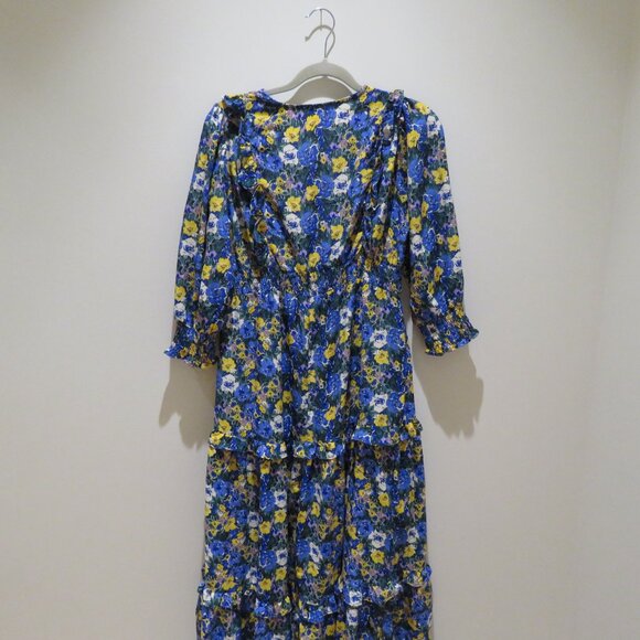 MELLODAY Ditsy Blue Yellow Floral Tiered Ruffle Maxi Dress Boho Cottagecore Trad - Picture 12 of 14